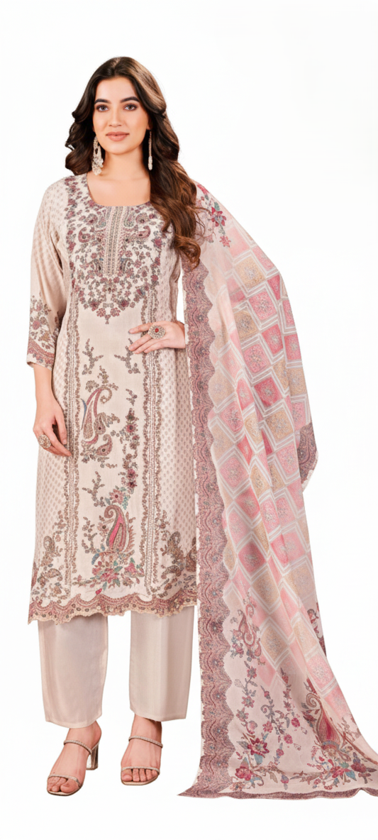 PickCell Digital Print Kurti set with Embroidery & Mirror Work – Crape Fabric | Cream Bell (Cream Color)