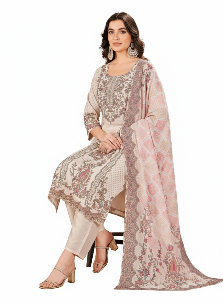 PickCell Digital Print Kurti set with Embroidery & Mirror Work – Crape Fabric | Cream Bell (Cream Color)