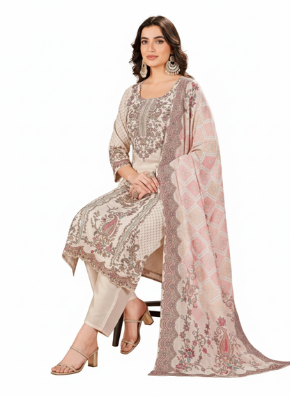 PickCell Digital Print Kurti set with Embroidery & Mirror Work – Crape Fabric | Cream Bell (Cream Color)