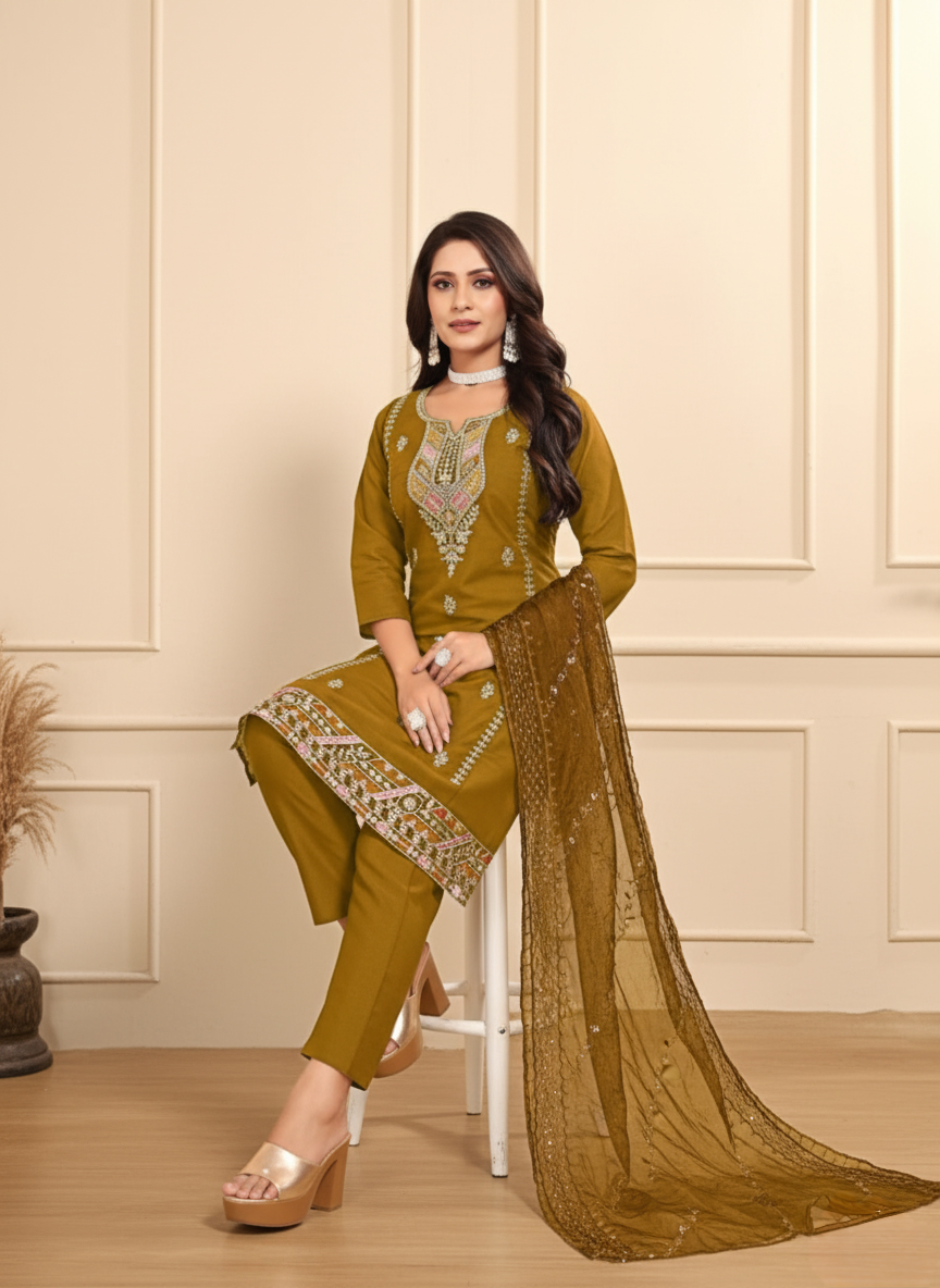 PickCell Roman Silk Embroidery Work Kurti Set (With Top, Bottom & Pakistani Organza Dupatta Work)