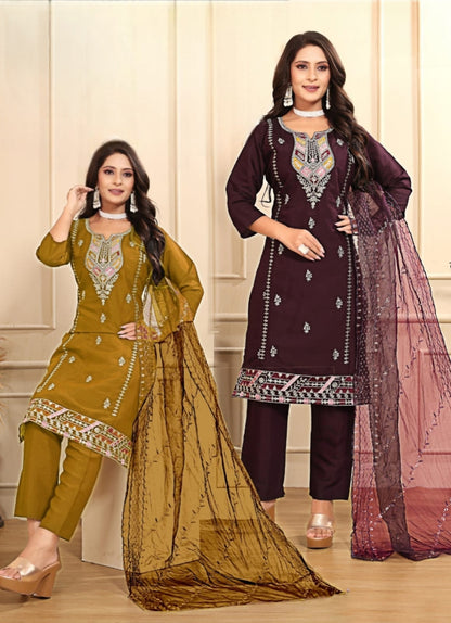 PickCell Roman Silk Embroidery Work Kurti Set (With Top, Bottom & Pakistani Organza Dupatta Work)
