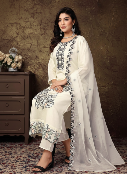 PickCell Roman Silk Embroidery Work Kurti Set | 3 Piece Suit with Dupatta for Women – Premium Ethnic Wear