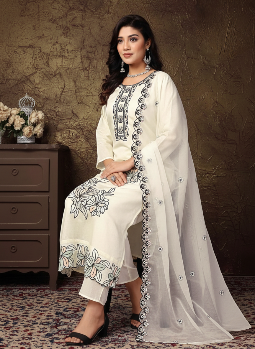 PickCell Roman Silk Embroidery Work Kurti Set | 3 Piece Suit with Dupatta for Women Premium Ethnic Wear