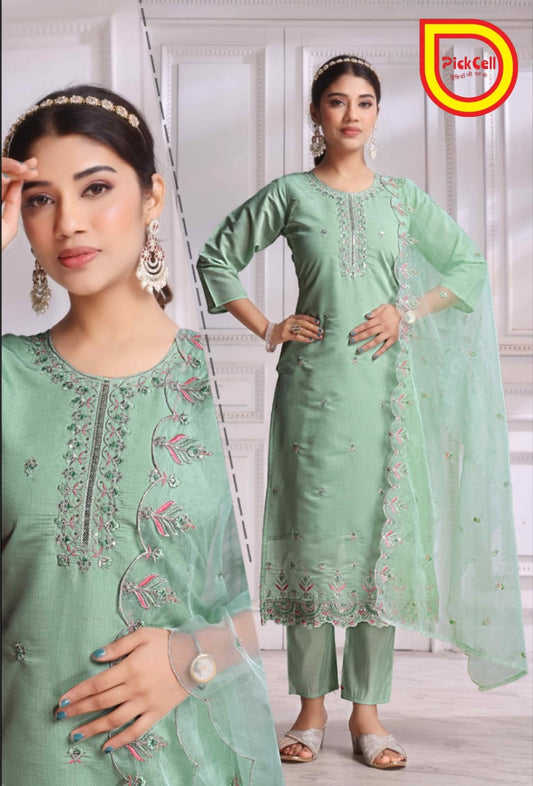 PickCell Roman Silk Embroidery Work Kurti Set | Designer Top Bottom Dupatta for Women – Ethnic Wear