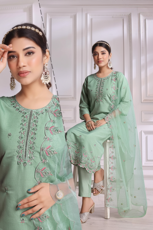 PickCell Roman Silk Embroidery Work Kurti Set | Designer Top Bottom Dupatta for Women – Ethnic Wear