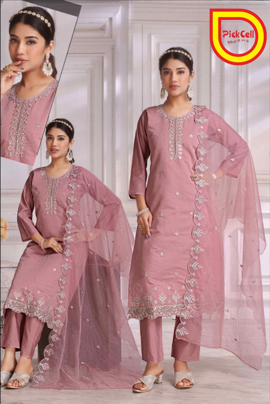 PickCell Women's Cotton Embroidery Designer Long Anarkali Kurti With Pant and Dupatta Set