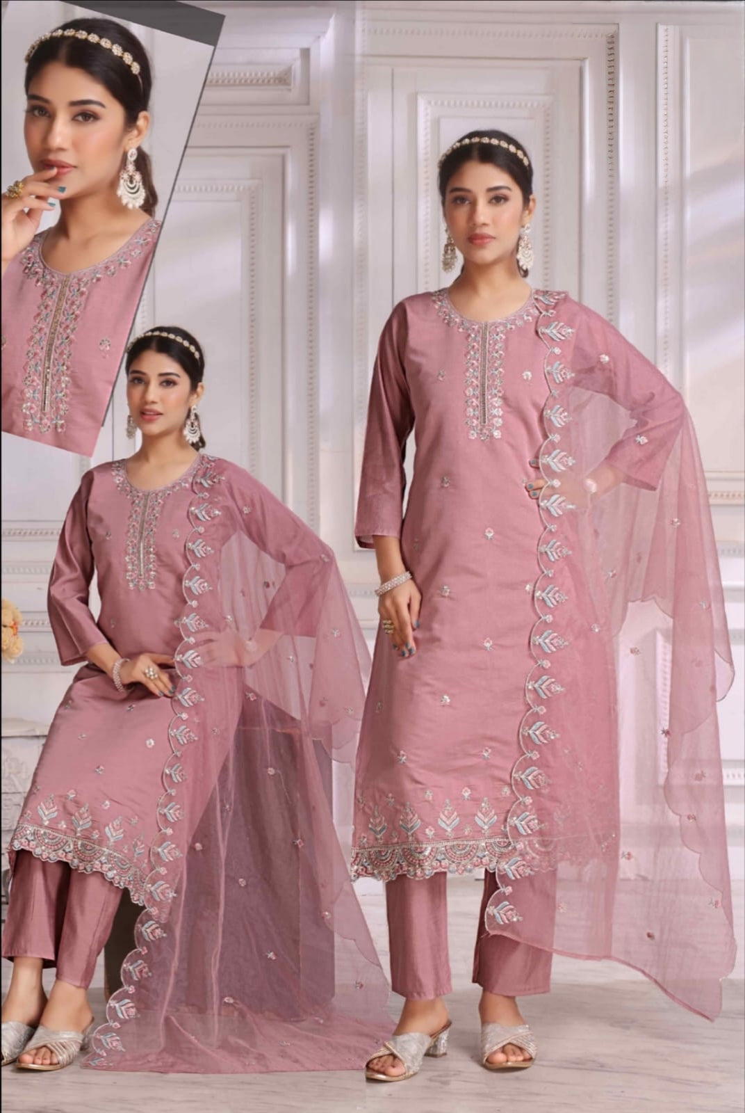 PickCell Women's Cotton Embroidery Designer Long Anarkali Kurti With Pant and Dupatta Set