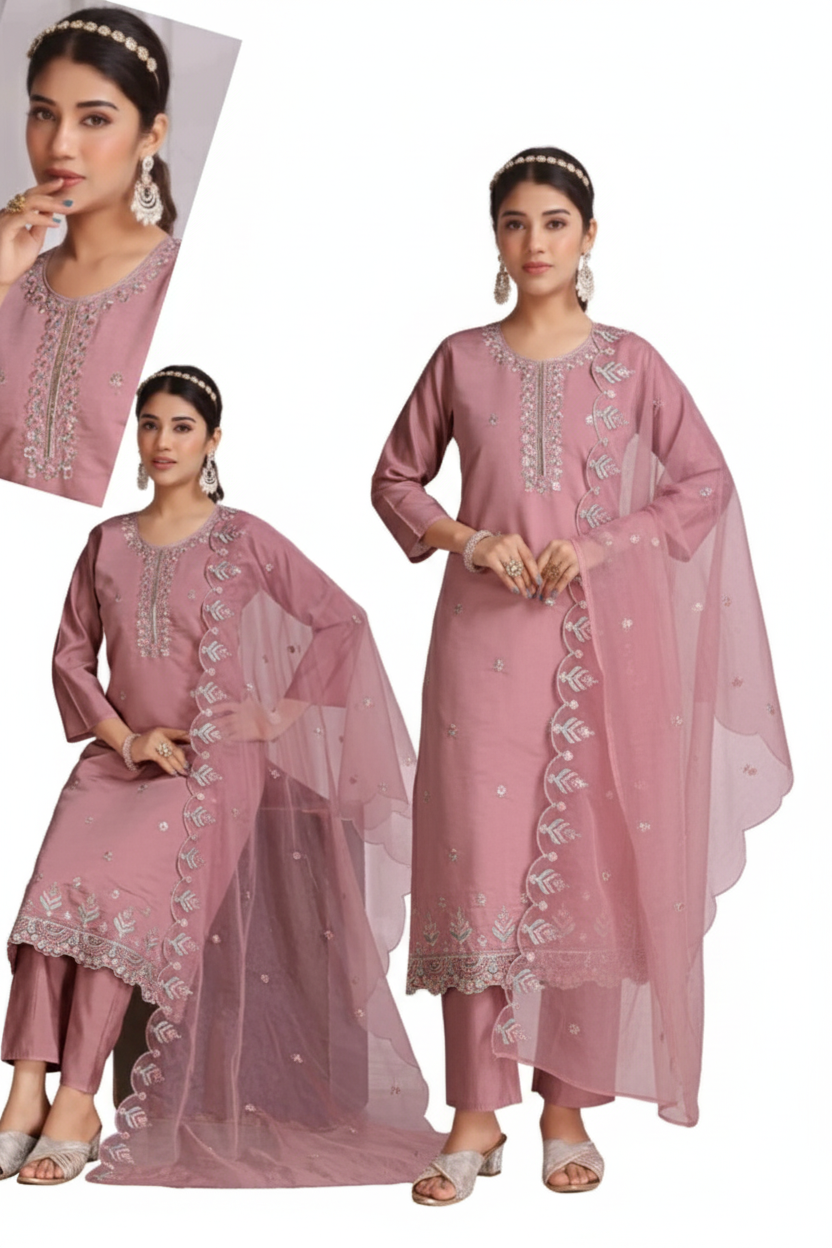 PickCell Women's Cotton Embroidery Designer Long Anarkali Kurti With Pant and Dupatta Set