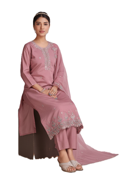 PickCell Women's Cotton Embroidery Designer Long Anarkali Kurti With Pant and Dupatta Set