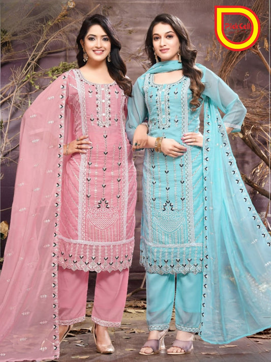PickCell Premium Embroidery Work Kurti Set – Kurti, Bottom & Dupatta | Organza Fabric | Women’s Designer Ethnic Wear