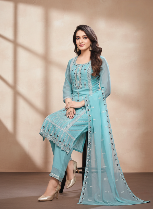 PickCell Premium Embroidery Work Kurti Set – Kurti, Bottom & Dupatta | Organza Fabric | Women’s Designer Ethnic Wear