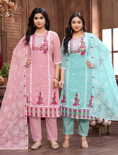 PickCell Premium Embroidery Work Kurti Set  Pakistani Organza 3 Piece Suit (Kurti, Bottom & Embroidered Dupatta) | Women Designer Ethnic Wear