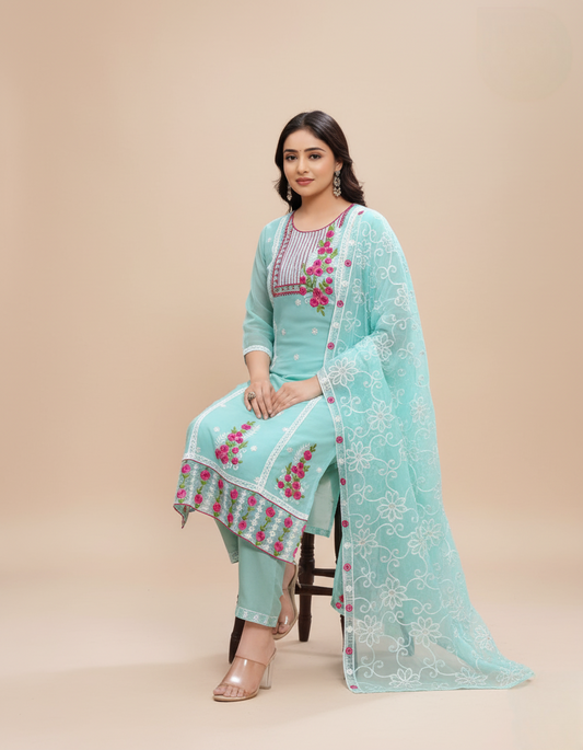 PickCell Premium Embroidery Work Kurti Set – Pakistani Organza 3 Piece Suit (Kurti, Bottom & Embroidered Dupatta) | Women’s Designer Ethnic Wear