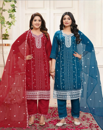 PickCell Embroidery Work Kurti Set  Roman Silk 3 Piece Suit (Kurti, Bottom & Dupatta) | Stylish Ethnic Wear for Women
