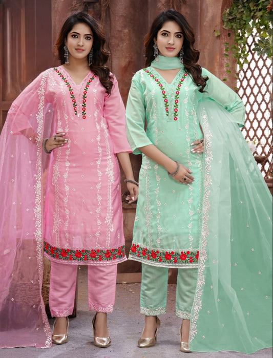 PickCell Roman Silk Embroidery Kurti Set with Bottom & Dupatta  Premium Women Ethnic Suit for Party & Festive Wear