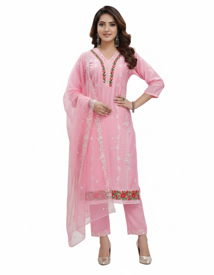 PickCell Roman Silk Embroidery Kurti Set with Bottom & Dupatta  Premium Women Ethnic Suit for Party & Festive Wear
