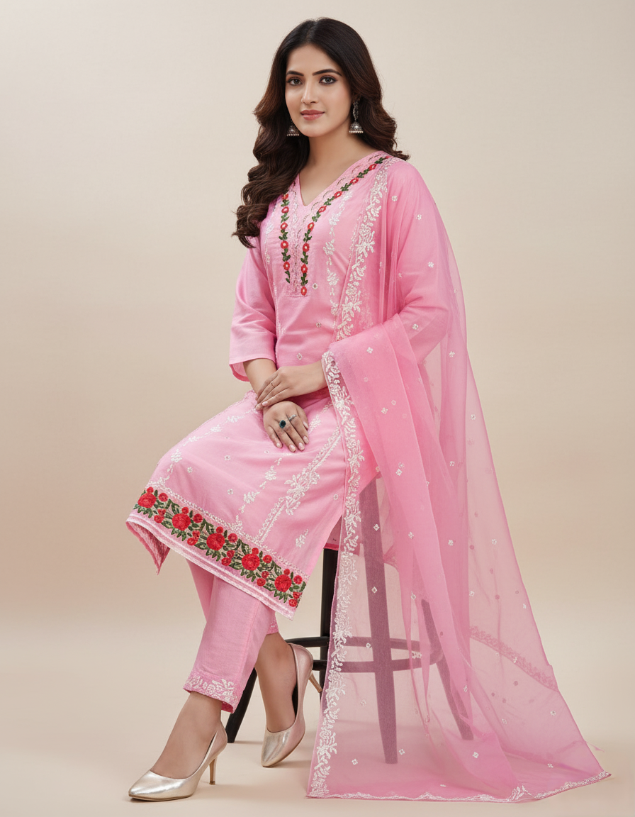 PickCell Roman Silk Embroidery Kurti Set with Bottom & Dupatta  Premium Women Ethnic Suit for Party & Festive Wear