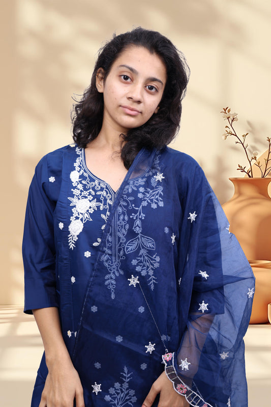 PickCell Embroidery Work Kurti Set – Roman Silk 3 Piece Suit (Kurti, Bottom & Dupatta) | Stylish Ethnic Wear for Women