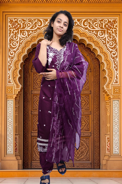 PickCell Embroidery Work Kurti Set – Roman Silk 3 Piece Suit (Kurti, Bottom & Dupatta) | Stylish Ethnic Wear for Women