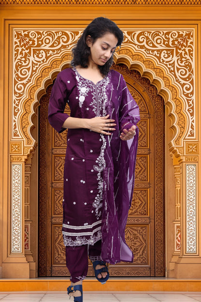 PickCell Embroidery Work Kurti Set – Roman Silk 3 Piece Suit (Kurti, Bottom & Dupatta) | Stylish Ethnic Wear for Women