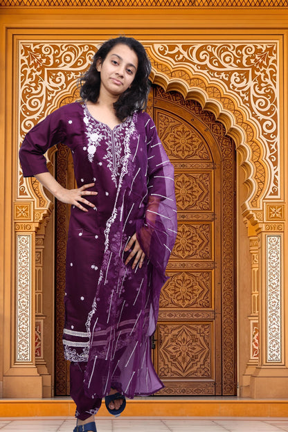 PickCell Embroidery Work Kurti Set – Roman Silk 3 Piece Suit (Kurti, Bottom & Dupatta) | Stylish Ethnic Wear for Women