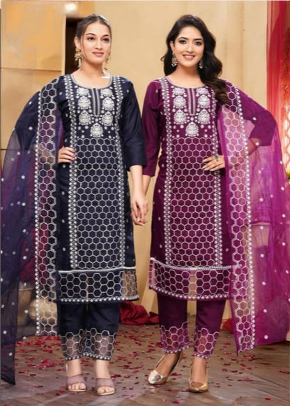 PickCell Designer Roman Silk Embroidered Kurti Set with Bottom & Dupatta  Premium Ethnic Wear for Women & Girls