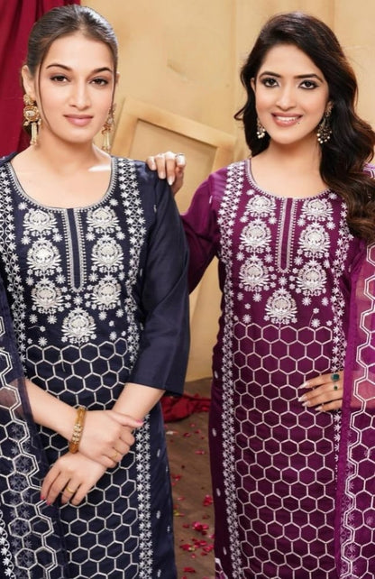 PickCell Designer Roman Silk Embroidered Kurti Set with Bottom & Dupatta  Premium Ethnic Wear for Women & Girls