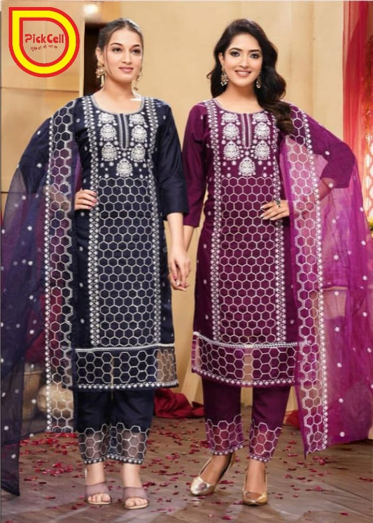 PickCell Designer Roman Silk Embroidered Kurti Set with Bottom & Dupatta – Premium Ethnic Wear for Women & Girls