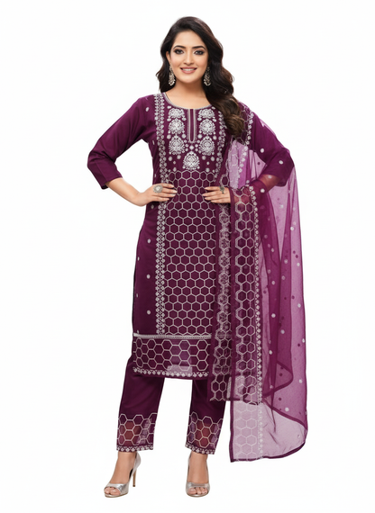 PickCell Designer Roman Silk Embroidered Kurti Set with Bottom & Dupatta  Premium Ethnic Wear for Women & Girls