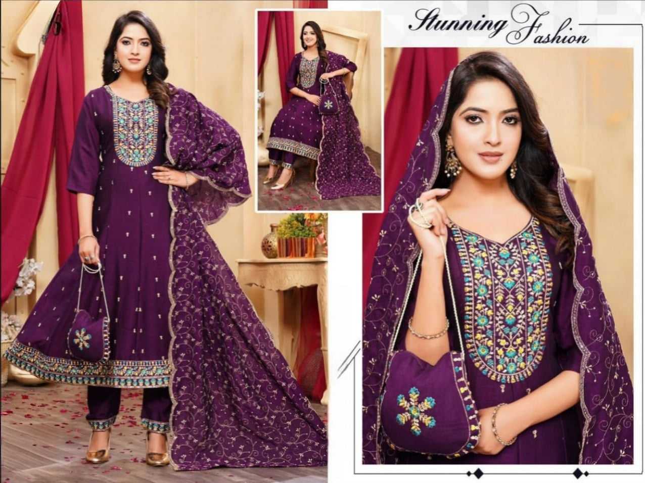 PickCell Embroidery Work Ghera Kurti Set with Bottom & Dupatta  Premium Women Ethnic Wear in Vichitra Fabric