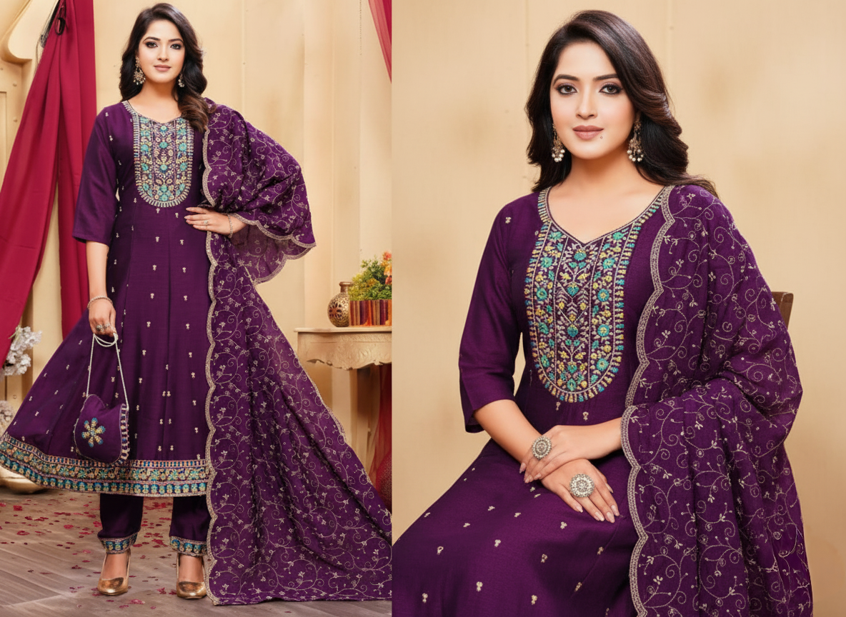 PickCell Embroidery Work Ghera Kurti Set with Bottom & Dupatta  Premium Women Ethnic Wear in Vichitra Fabric