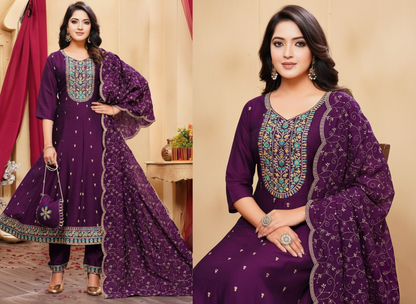 PickCell Embroidery Work Ghera Kurti Set with Bottom & Dupatta  Premium Women Ethnic Wear in Vichitra Fabric