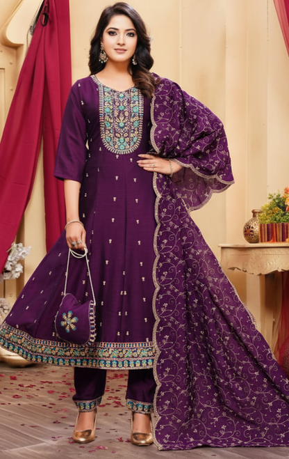 PickCell Embroidery Work Ghera Kurti Set with Bottom & Dupatta  Premium Women Ethnic Wear in Vichitra Fabric