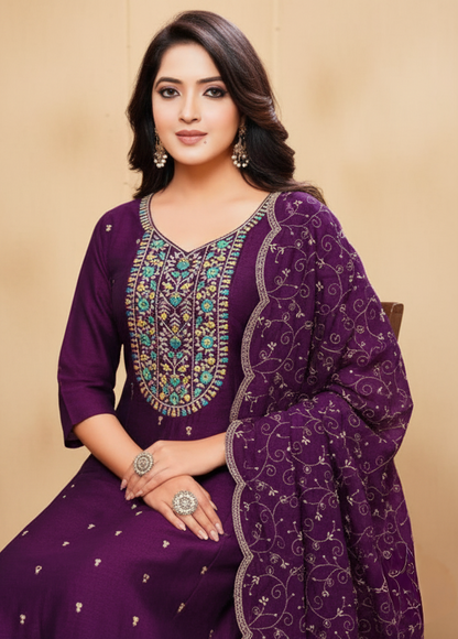 PickCell Embroidery Work Ghera Kurti Set with Bottom & Dupatta  Premium Women Ethnic Wear in Vichitra Fabric