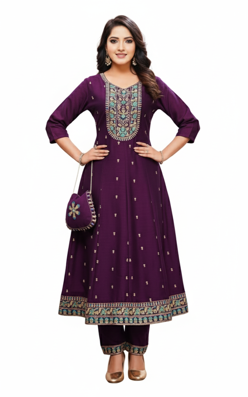 PickCell Embroidery Work Ghera Kurti Set with Bottom & Dupatta  Premium Women Ethnic Wear in Vichitra Fabric