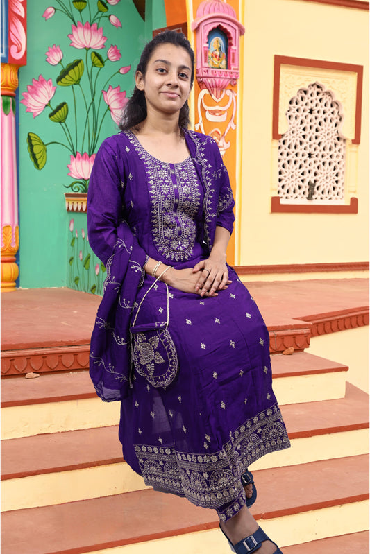 PickCell Embroidery Work Ghera Kurti Set with Bottom & Dupatta – Premium Women’s Ethnic Wear in Vichitra Fabric