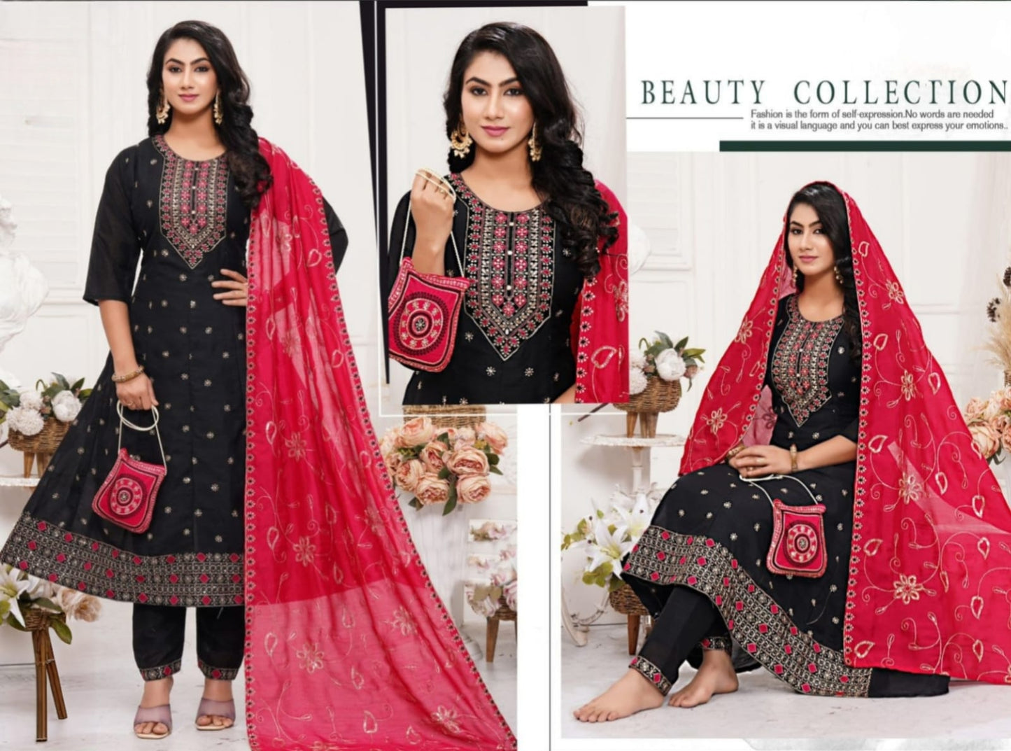 PickCell Embroidery Work Ghera Kurti Set with Bottom & Dupatta – Premium Women’s Ethnic Wear in Vichitra Fabric