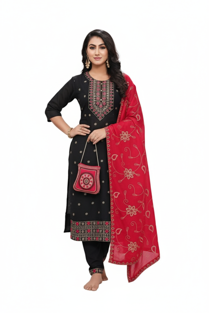 PickCell Embroidery Work Ghera Kurti Set with Bottom & Dupatta – Premium Women’s Ethnic Wear in Vichitra Fabric