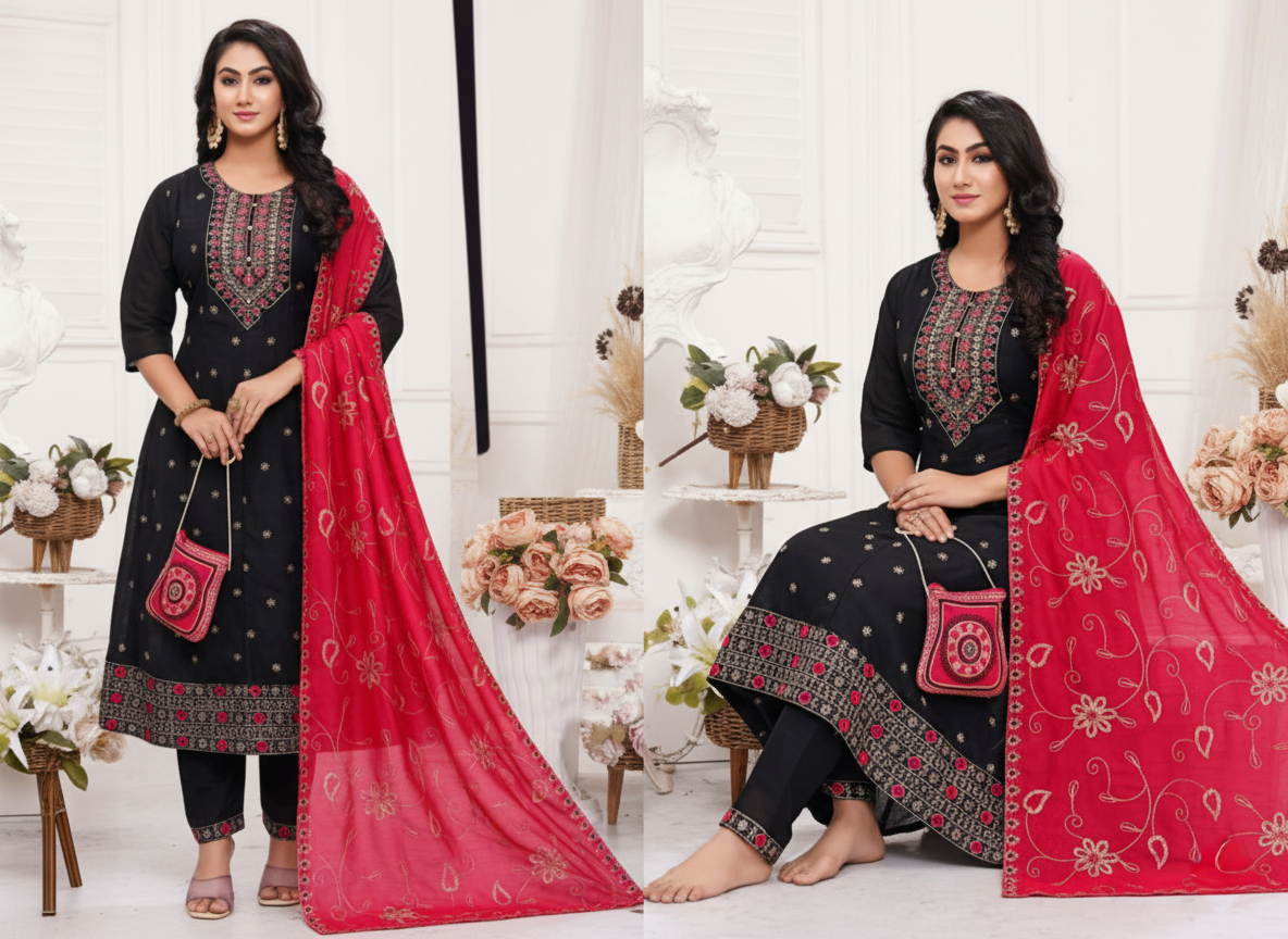 PickCell Embroidery Work Ghera Kurti Set with Bottom & Dupatta – Premium Women’s Ethnic Wear in Vichitra Fabric