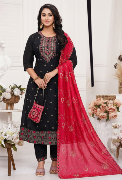 PickCell Embroidery Work Ghera Kurti Set with Bottom & Dupatta – Premium Women’s Ethnic Wear in Vichitra Fabric