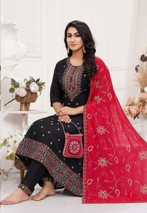 PickCell Embroidery Work Ghera Kurti Set with Bottom & Dupatta – Premium Women’s Ethnic Wear in Vichitra Fabric