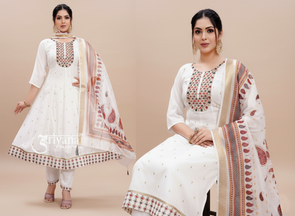 PickCell Blooming Vichitra Silk 3-Piece Ghera Kurti Set with Digital Jacquard Dupatta  Premium Ethnic Wear for Women & Girls