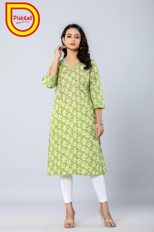 PickCell Printed Long Kurti – Poly Cotton Fabric (Green)