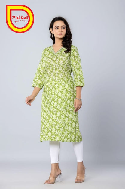 PickCell Printed Long Kurti – Poly Cotton Fabric (Green)
