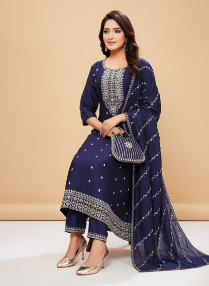 PickCell Embroidery Work Kurti Set  Kurti + Bottom + Dupatta | Vichitra Fabric | Trendy Ethnic Wear for Women & Girls