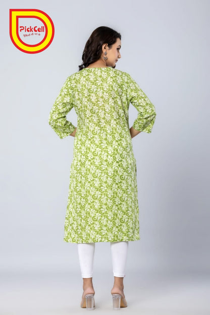 PickCell Printed Long Kurti – Poly Cotton Fabric (Green)