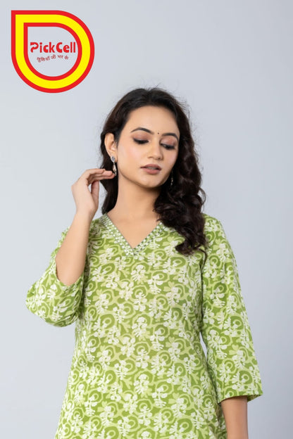 PickCell Printed Long Kurti – Poly Cotton Fabric (Green)
