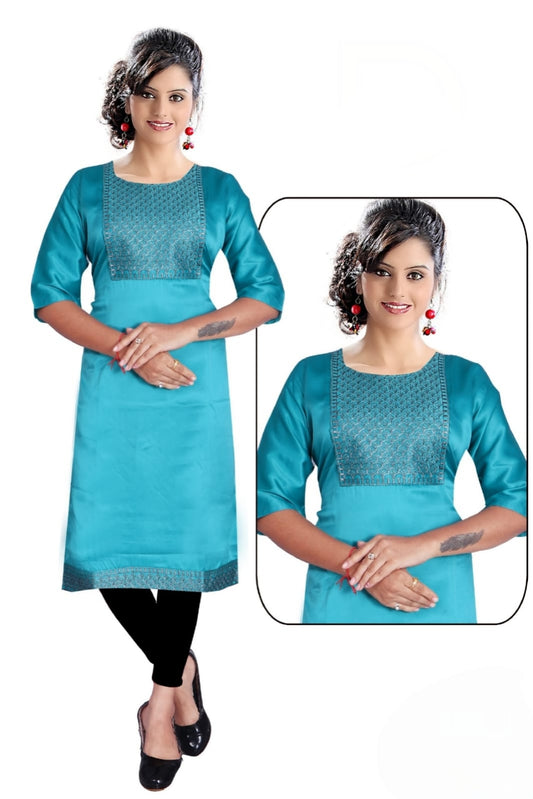 PickCell Kia Satin Embroidered Kurti  Premium Neck Work for Women | Party & Festive Wear