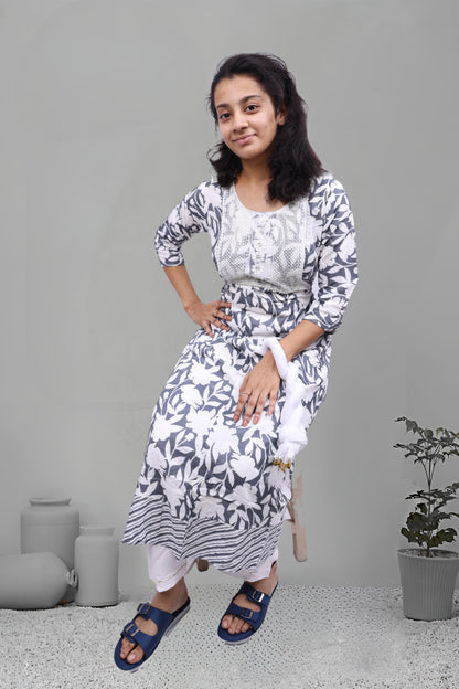 PickCell Triveni Sangam Embroidery Cotton Kurti with Pyajama and Dupatta