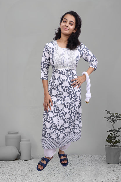 PickCell Triveni Sangam Embroidery Cotton Kurti with Pyajama and Dupatta